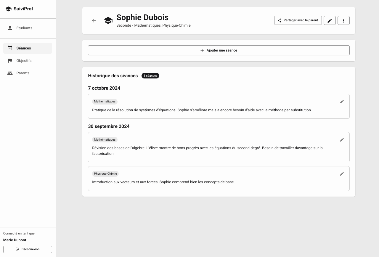 Vue prof – fiche élève CarnetProf